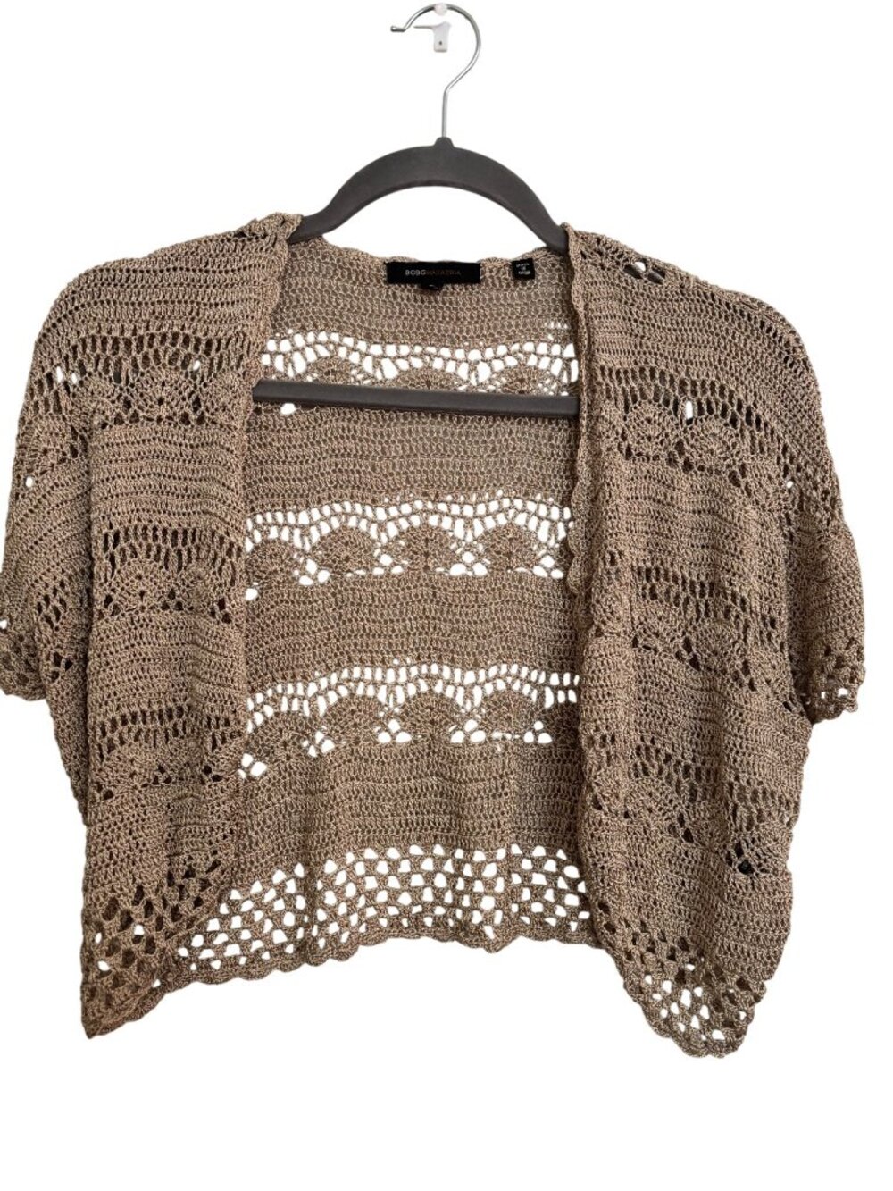 BCBG Max Azria Hand-Crocheted Metallic Open Shrug Cardigan Brown-Taupe